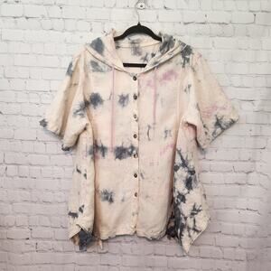 Completo Lino by Arthurio Linen Tie Dye Short Sleeve Button Down Hoodie Women M